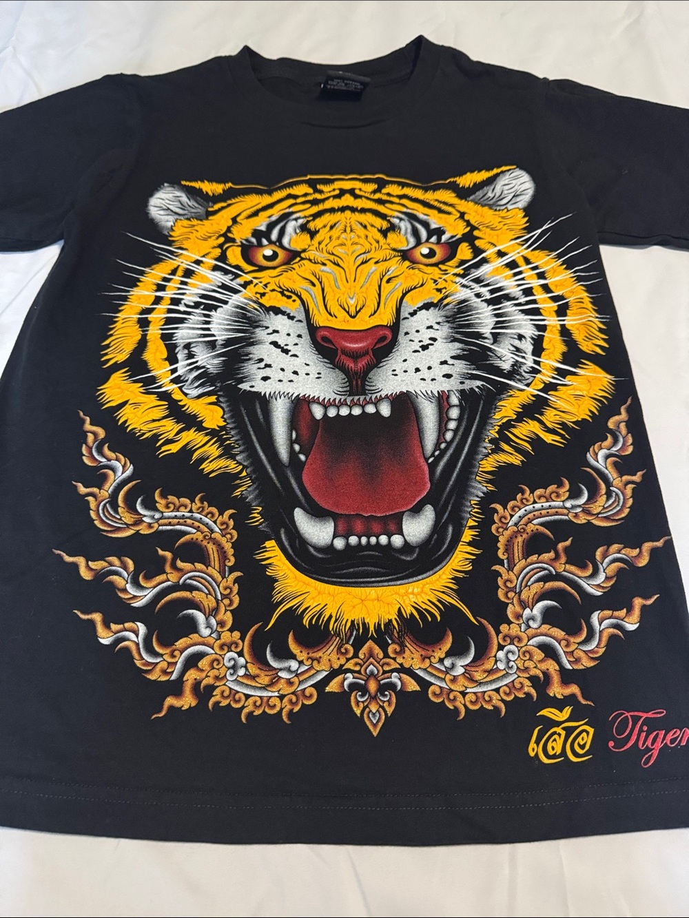 Black Short-Sleeve Tee with Bold Yellow Tiger Graphic